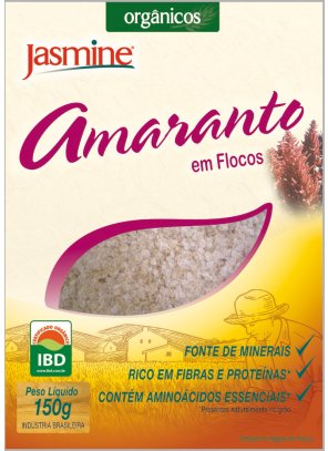 AMARANTO_ flocos.png - Amaranto em Flocos OrgânicoFonte de minerais;Grão integral orgânico rico em fibras, proteínas e minerais como ferro, magnésio, fósforo, zinco, manganês e selênio;Contém aminoácidos essenciais;Ausência de glúten. Ingredientes: Amaranto integral orgânico em flocos (Amaranthus spp.). NÃO CONTÉM GLÚTEN. Disponível na versão: caixa com 150g 